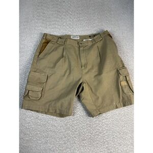 Orvis Shorts Mens 40 Beige Cargo Canvas Leather Trim 12 Inseam Pleated Outdoor